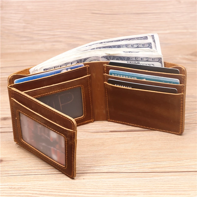 

100% Genuine Leather Wallet For Men Vintage Crazy Horse Cowhide Short Trifold Men's Wallets With Credit Card Holder 2 ID Window