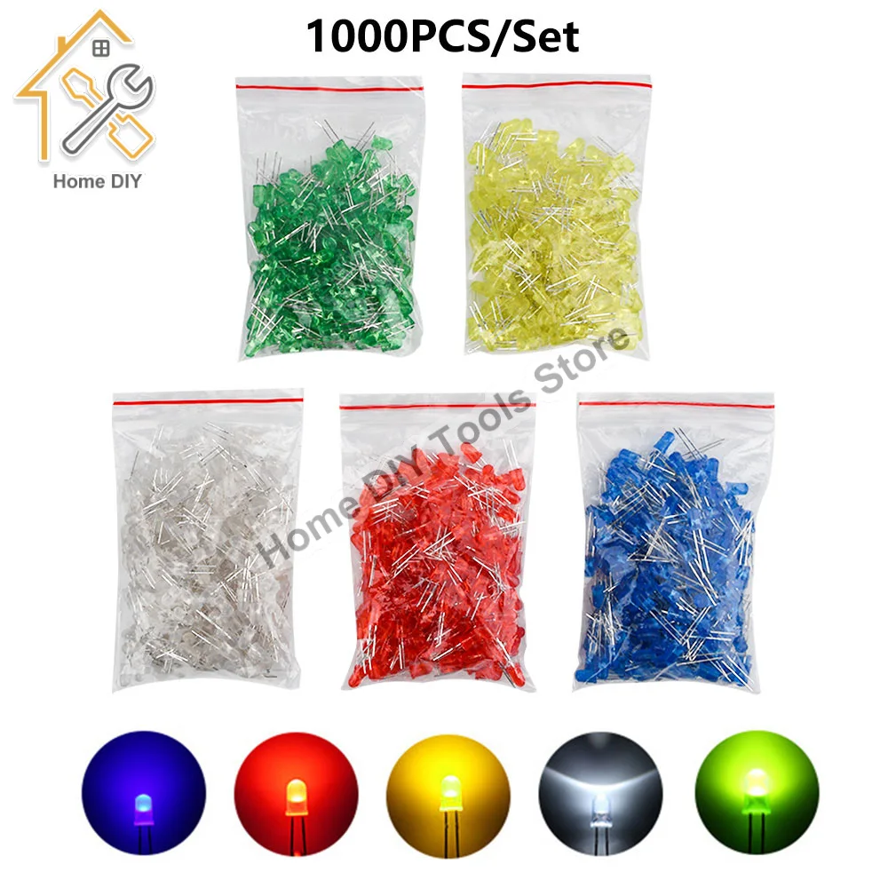 

1000PCS F5 5MM LED Diode Assorted Kit Straw Hat LED Diodes White Red Blue Green Yellow DIY Light Emitting Diodes