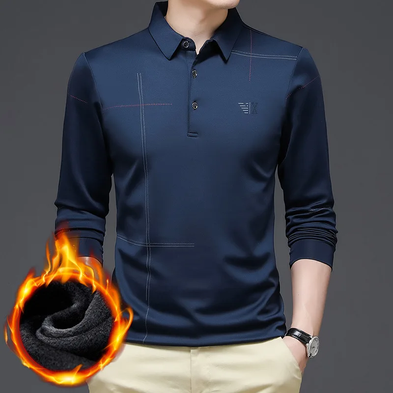 

Winter Clothing Warmpoloshirt Fleece-lined Young And Middle-aged Business Casual Fashion Non-ironing Thickenedtt-shirt Men's