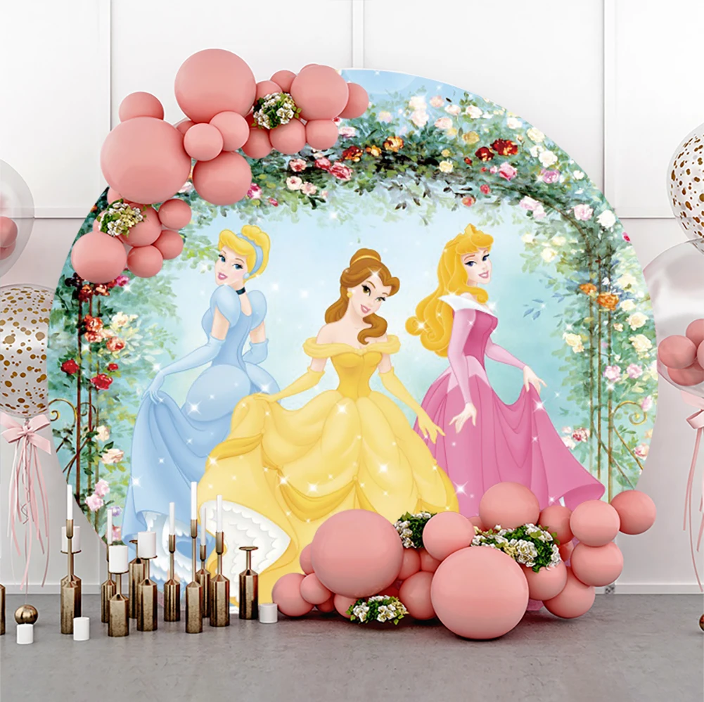 

Custom Princess Theme Round Backdrop Girls Birthday Party Decoration Photo Baby Shower Flowers Circle Background Booth Props