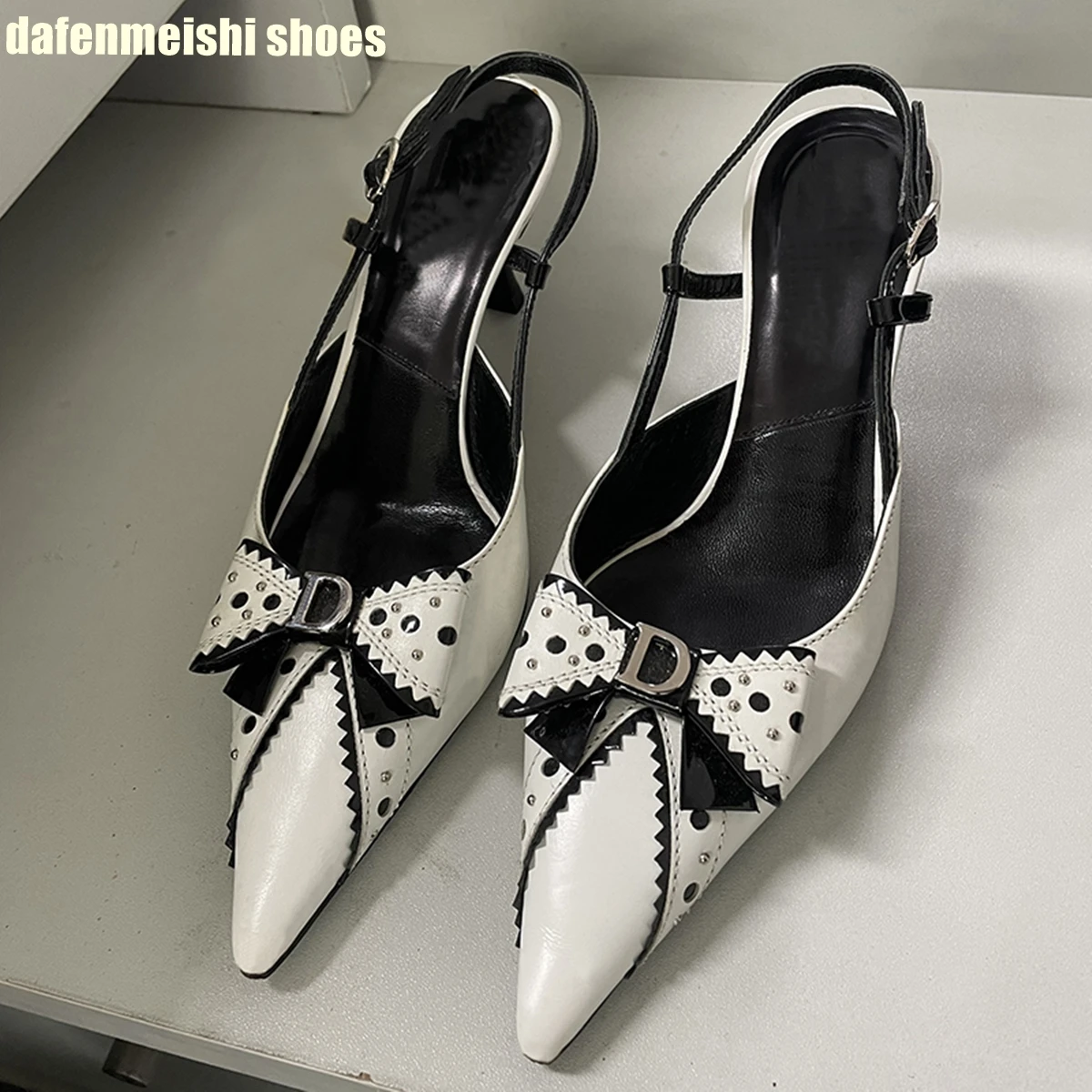 

White Rivet Butterfly Pointed Toe Women Sandals Slingback Kitten Heel Back Strap Fashion High Heels Summer Shallow Novel Shoes