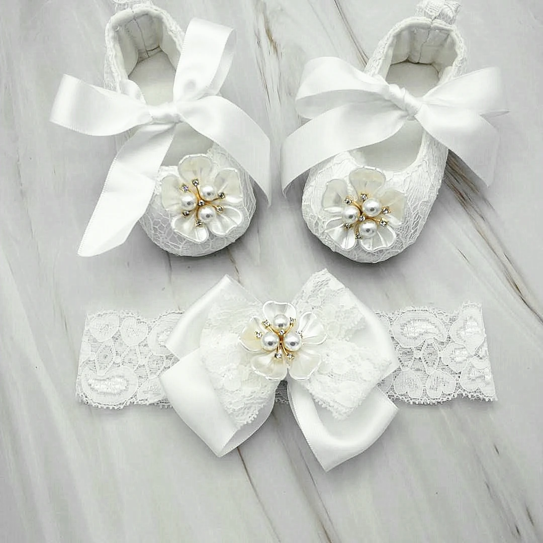 

Dollbling Baptism Pearls RIbbon Baby Girl Shoes Christening White Flower Handmade Newborn Princess Infant Wedding Anti-Slip Crib