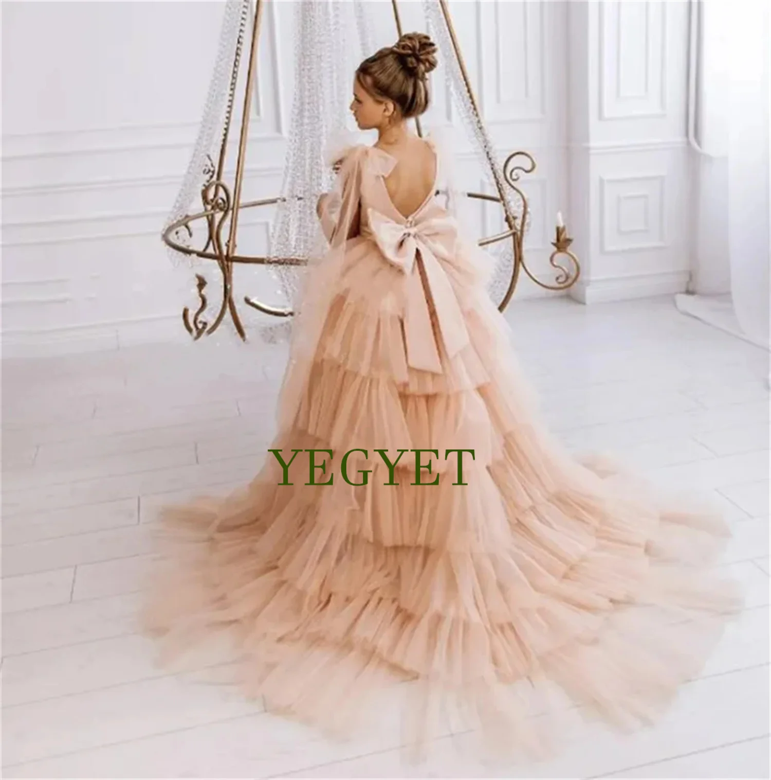 

Champagne Flower Girl Dress Layered Tulle Puffy For Wedding Sleeveless Floor Length Birthday Party First Communion Ball Gowns