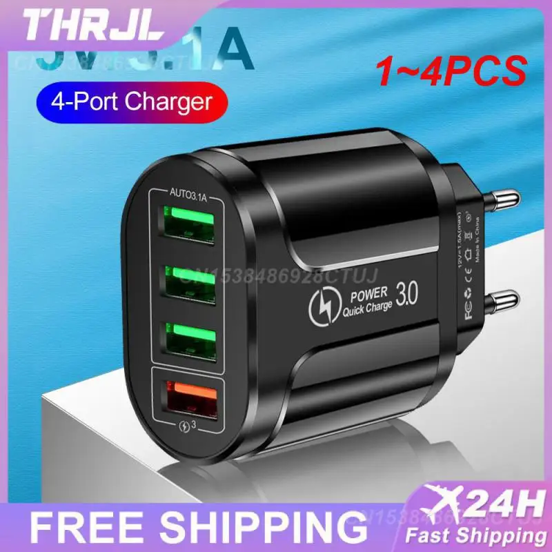 

1~4PCS Usb Charger Fast Charging Ac100-240v Phone Chargers Office Accessories 4 Ports Wall Charger Flame Retardant Black