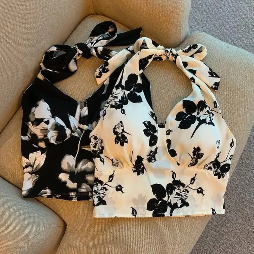 Women Halter Vest Floral Print Bowknot Lace-up Halter Backless Tank Top Beauty Back Short Sport Camisole with Padded Women Cami 
Women Halter Vest Floral Print Bowknot Lace-up Halter Backless Tank Top Beauty Back Short Sport Camisole with Padded Women Cami