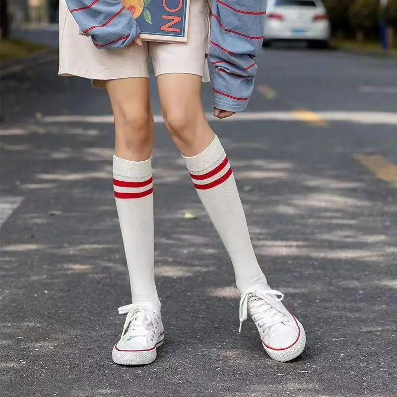 

Sports Style Calf Socks Japanese Korean Student JK Stripe College Style Girl Cotton Socks Pile Up Socks Baseball Stockings