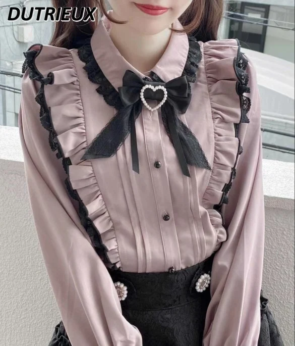 

Rojita Lolita Sweet Long Sleeve Shirt for Women New Mine Mass-Produced Doll Collar Bow Heart-Shaped Lace Cute Kawaii Tops