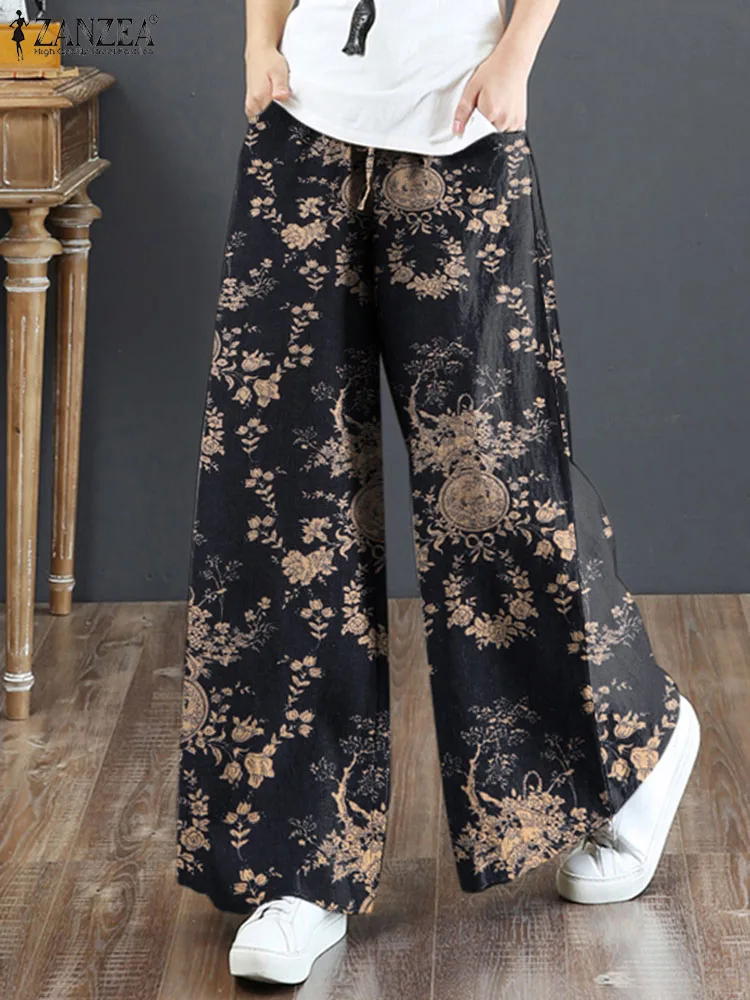 

Богемные брюки с эластичной резинкой на талии и цветочным принтом 2024 ZANZEA винтажные женские широкие брюки повседневные свободные длинные брюки-Палаццо в стиле ретро