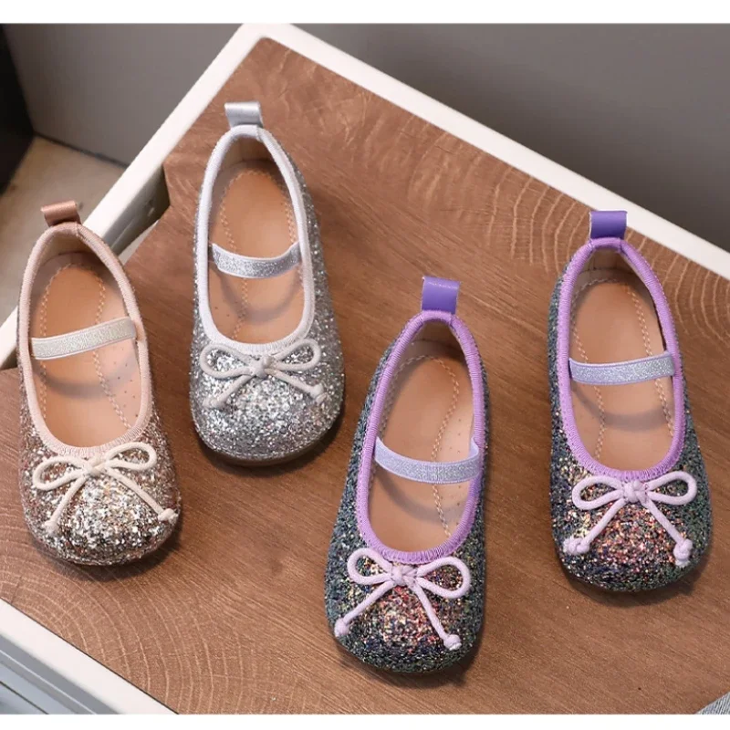 

Балетки для девочек, модные туфли на плоской подошве, с бантом, с кристаллами и пайетками, официальный стиль, повседневная обувь для детей