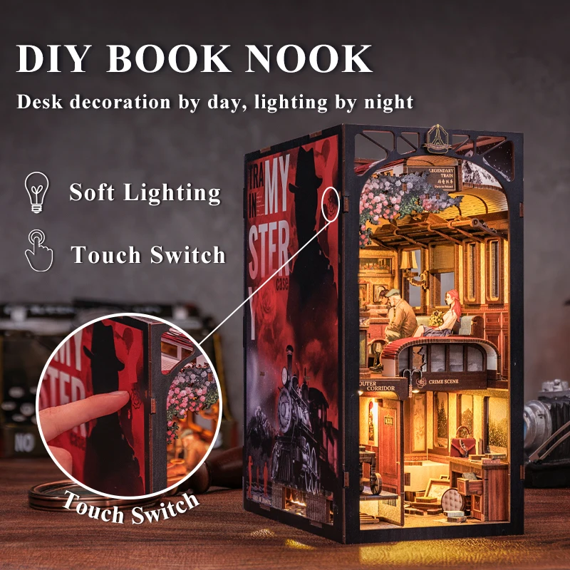 

CUTEBEE DIY Book Nook Kit Miniature Doll House With Touch Light Dust Cover Bookshelf Insert Gifts Detective Agency Train Mystery