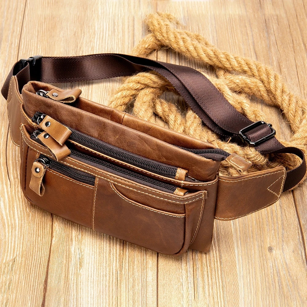 

2 Use Crazy Horse Leather Men's Waist Bag Fanny Chest Pack Cowhide Belt Bag Male Small Travel Waist Bag For Phone Pouch