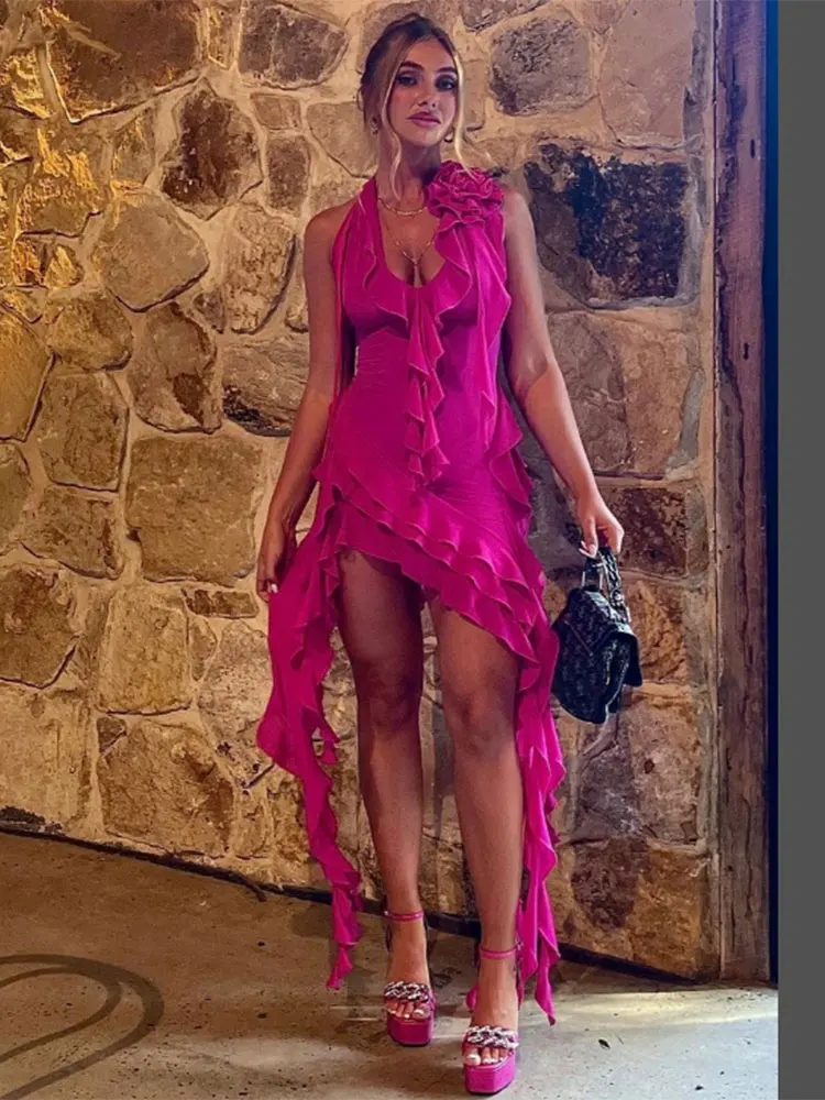 Fashionable Beach Holiday Dress Women's Neck Hanging Sleeveless Ruffle Flower Design Slim Fit Asymmetric Dresses 2023 Summer 
Fashionable Beach Holiday Dress Women's Neck Hanging Sleeveless Ruffle Flower Design Slim Fit Asymmetric Dresses 2023 Summer