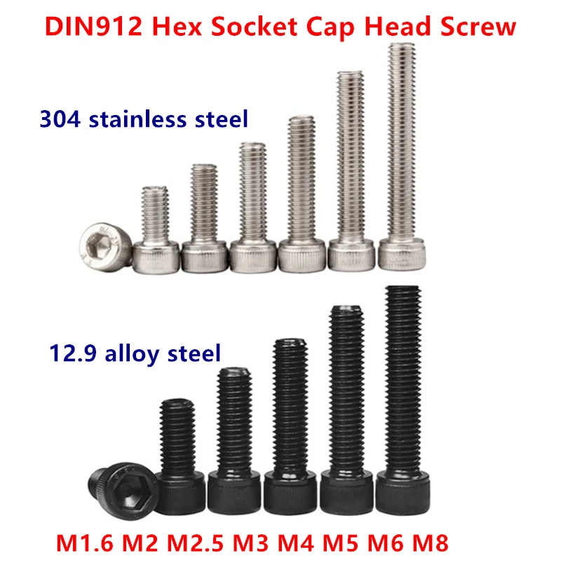 

5-50pcs DIN912 M1.6 M2 M2.5 M3 M4 M5 M6 M8 304 A2 Stainless Steel grade 12.9 Black Hexagon Hex Socket Head Cap Allen Bolt Screw