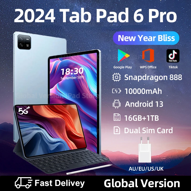 

2024 Global Version Original Pad 6 Pro Tablets PC Snapdragon 888 10000mAh Android 13 11 inch 16GB+1024GB 5G HD 4K Screen WIFI Mi