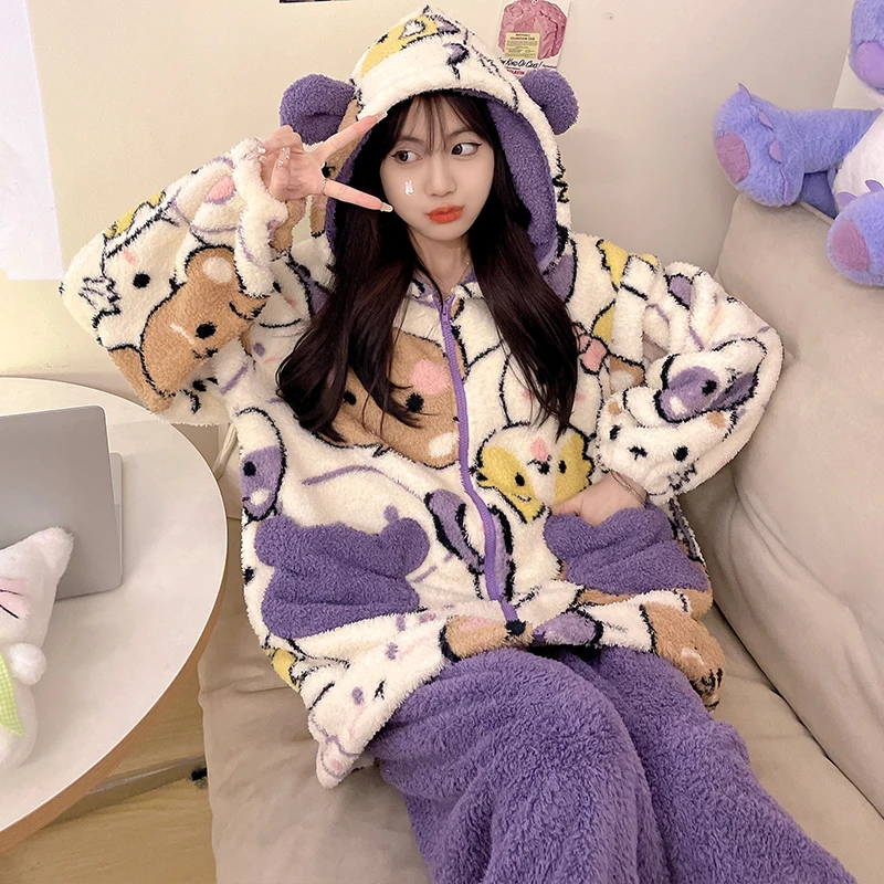 Winter Pajama Set For Women Clothes Thicken Warm Pyjamas Cartoon Bear Print Coral Fleece kawaii Pijama Night Wears With Pocket
Winter Pajama Set For Women Clothes Thicken Warm Pyjamas Cartoon Bear Print Coral Fleece kawaii Pijama Night Wears With Pocket