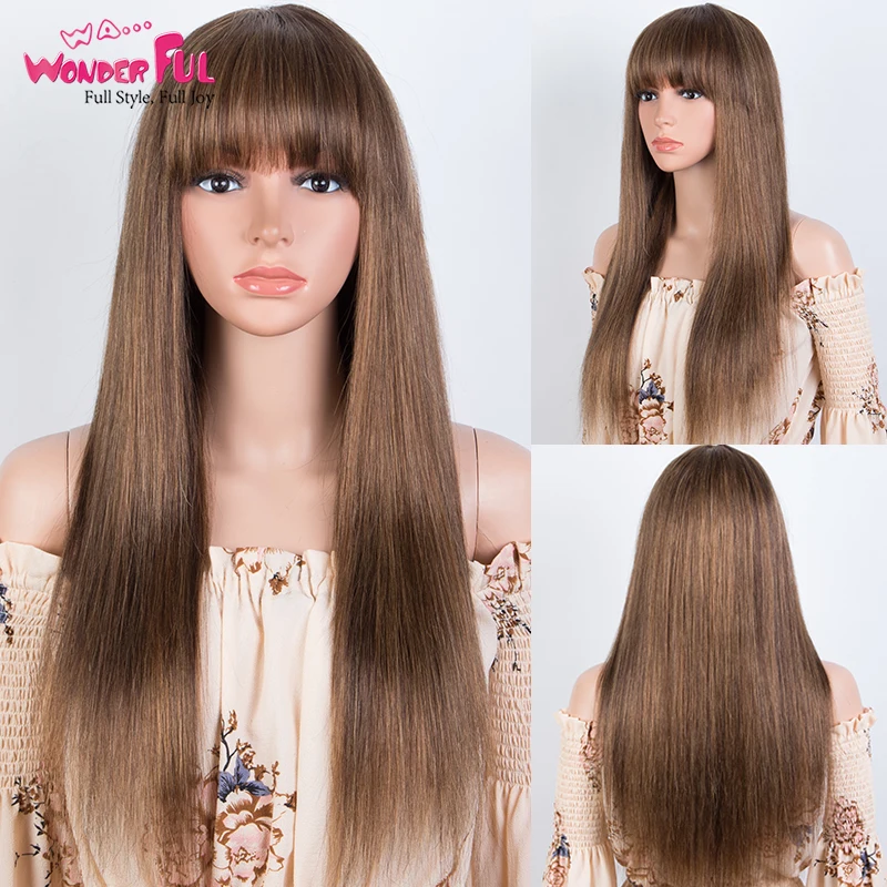 

Long Straight Wig With Bangs Human Hair Blonde Highlight Glueless Ombre Honey Blond Brown Color Wigs for Women Cosplay Hair Wig