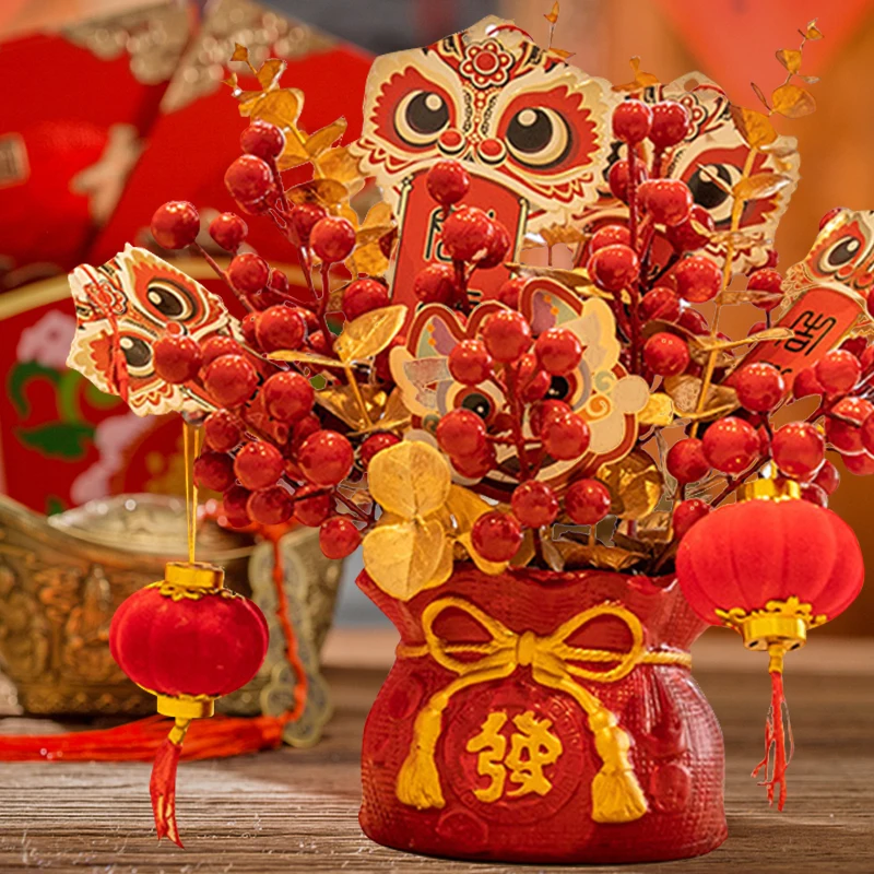 

2024 китайские Новогодние украшения, красные фрукты, искусственные Ячменные уши, цветы на удачу, подарки ручной работы, декор для китайского праздника Весны