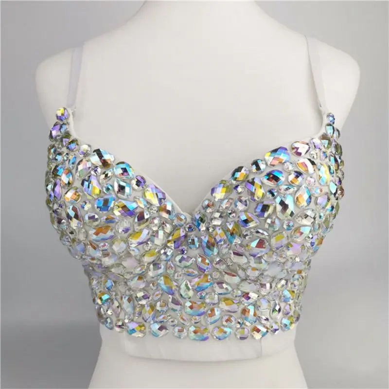 

Women Sexy AB Colored for Rhinestone Bustier Crop Top Push Up Jewelry Bralette Glitter Club Party Corset Bra
