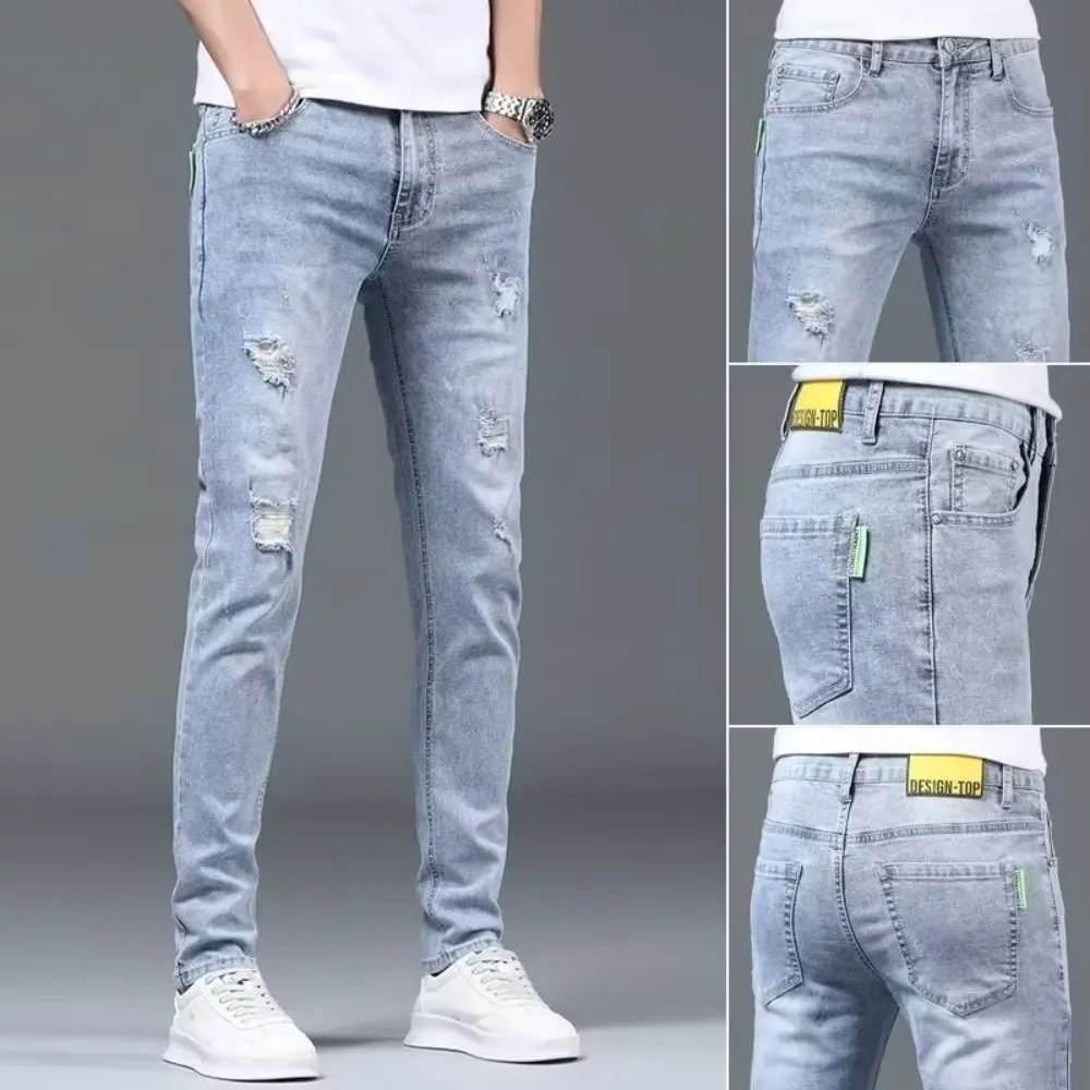 

Plus Size Biker Blue Jean Denim Pant Mid Waist Mens Skinny Boy's Boyfriend Trousers Fashion Ripped Distressed Ankle Men's Jeans