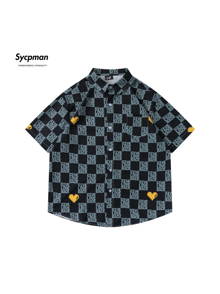 

Рубашка Sycpman мужская с коротким рукавом, модная уличная одежда в стиле хип-хоп с надписью, повседневная Клетчатая блуза, молодежная модная куртка, на лето