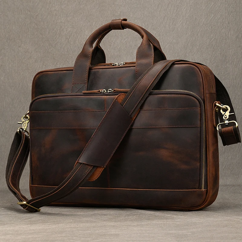 

Crazy Horse Genuine Leather Men Briefcase Vintage 16 inch Big Business Laptop Handbag Large Cowhide Messenger Shoulder Bag Man