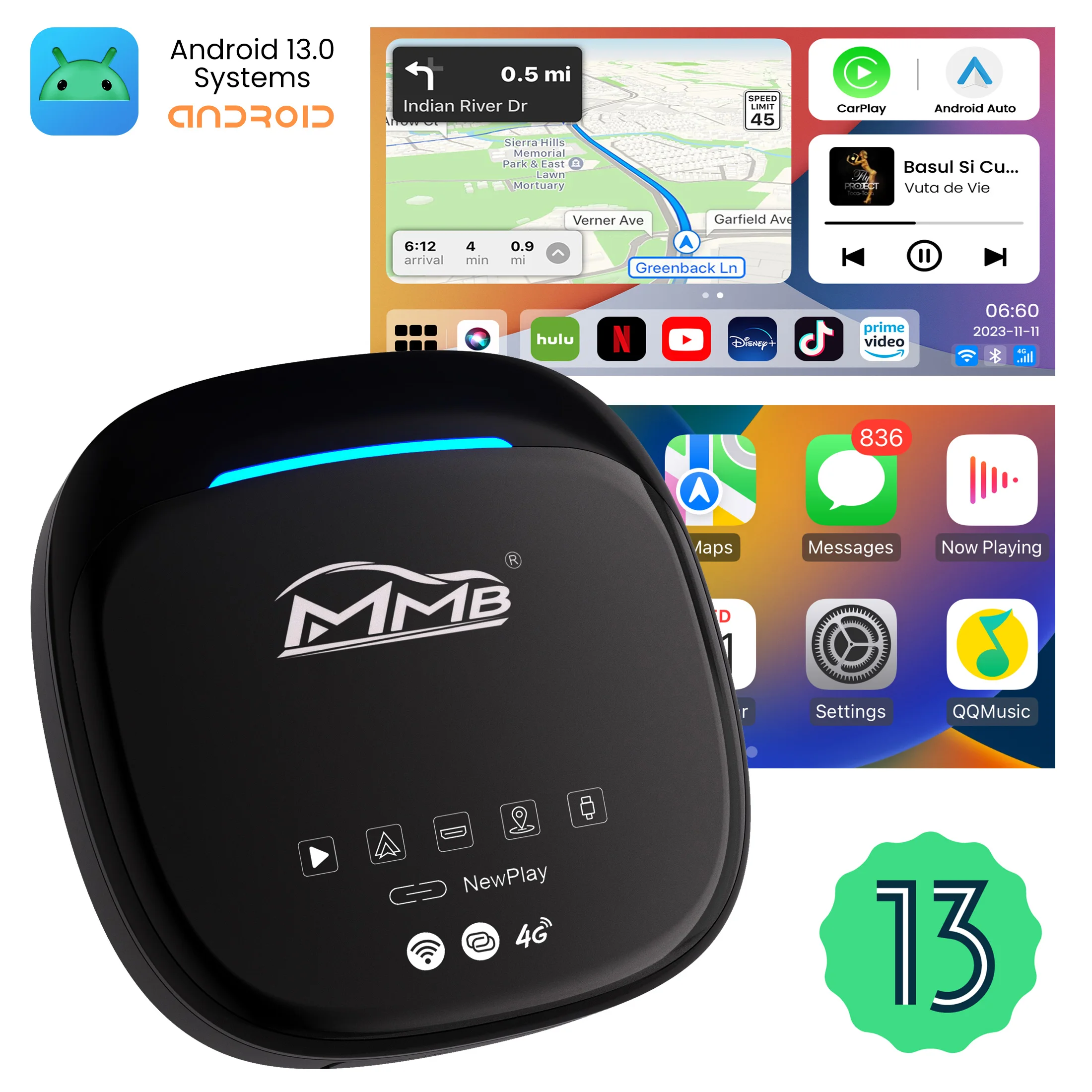 

2024 MMB MAX 4,0 CarPlay TV Box Android 13 OS QCM 8-ядерный 665 6125 беспроводной CarPlay Android Авто адаптер Magic Box 4G LTE GPS