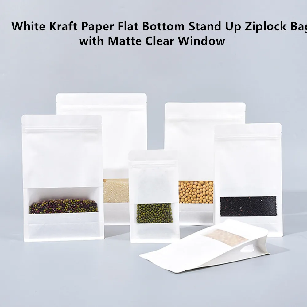 

100pcs White Kraft Paper Flat Bottom Stand Up Ziplock Bags with Matte Clear Window Nuts Snacks Packing Pouch Zipper Self Sealing