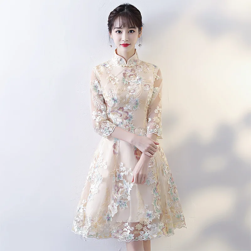 

Vintage Chinese Style Wedding Dress Retro Toast Clothing Mini Gown Marriage Cheongsam Qipao Party Evening Dress Vestidos Clothes