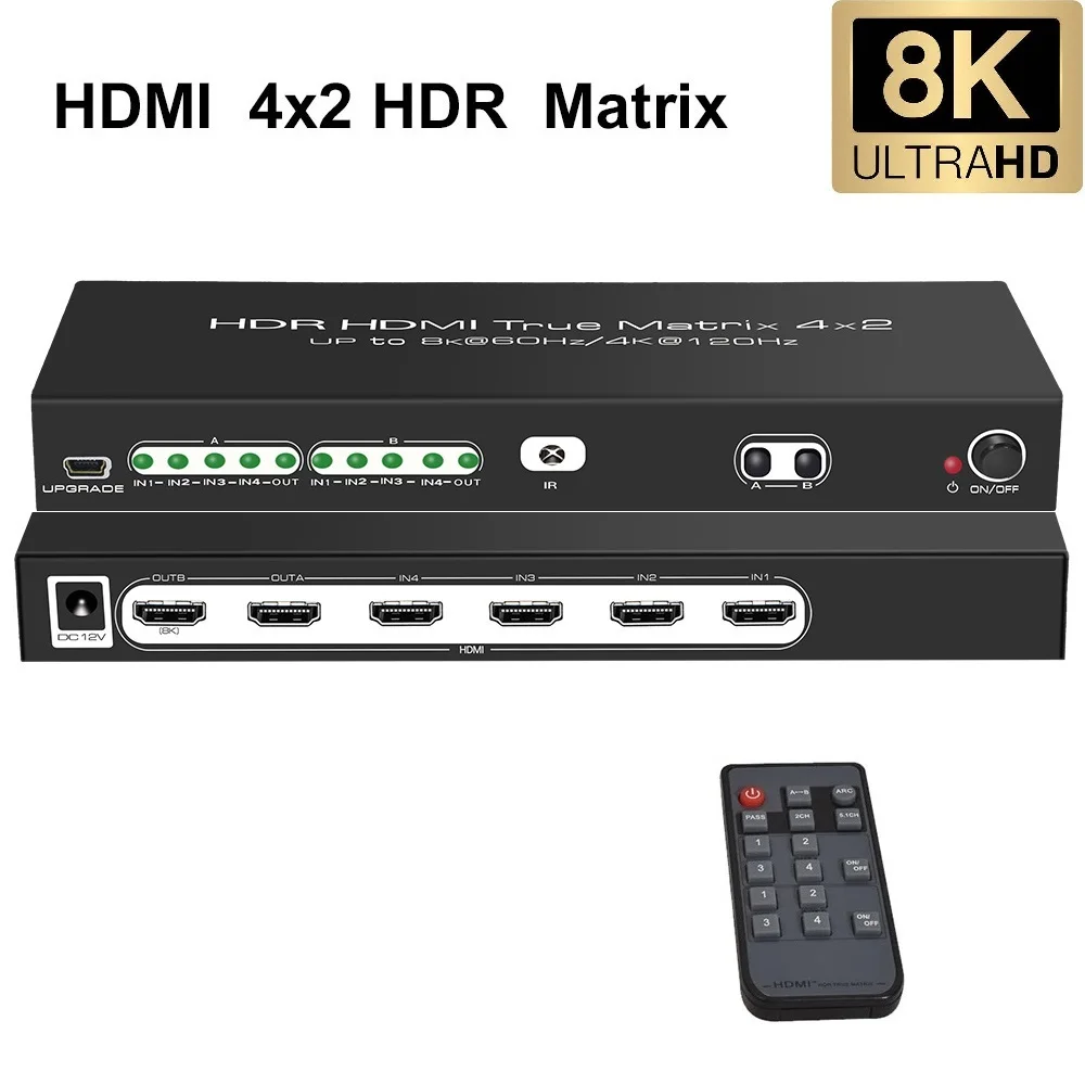 

HDMI Switcher 4K 120Hz 8K Splitter HDMI Matrix Switch 4 In 2 Out Remote Control Dolby Vision Atmos VRR HDR HLG ALLM for PS5 Xbox