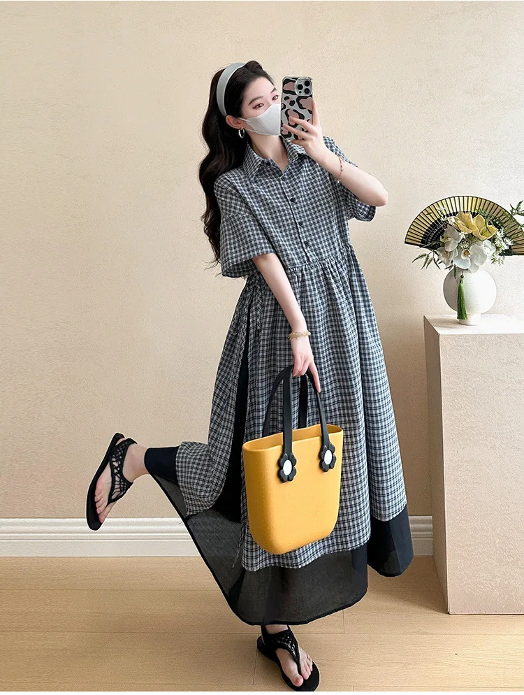 Summer Maternity Dress: Fashionable Checkered Fake Two-Piece Shirt Dress - Stylish & Comfortable Pregnancy Wear for Trendy Moms 12 Sa73222b273814fd4a8a96c32df3eb569q