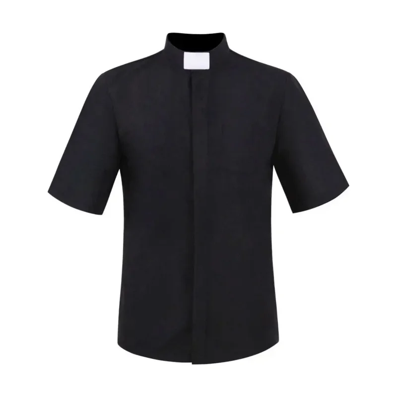 

Priest Black Shirt Men Stand-up Tab Collar Short Sleeve Shirt Male Catholic Religion Missionary Cosplay Costume Halloween Party
