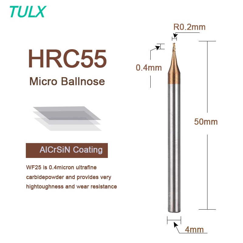 TULX R0.1-R0.5 HRC55 Micro Ball Nose Carbide End Mill Two Flutes TiCN Coated Tungsten Carbide Milling Bit CNC Machine Router
TULX R0.1-R0.5 HRC55 Micro Ball Nose Carbide End Mill Two Flutes TiCN Coated Tungsten Carbide Milling Bit CNC Machine Router