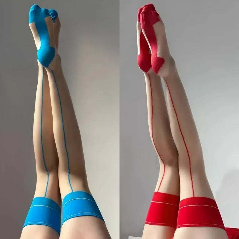 

Contrast Color Rib Cut Edge Thigh High Stockings Retro Cuban Heel Back Seam Medias 10D Ultra Thin Transparent Underwear