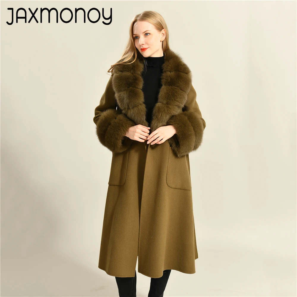

Jaxmonoy Women's Winter Coats with Real Fox Fur Collar Autumn Ladies Cashmere Wool Long Trench Coat Luxury Warm Overcoat Female