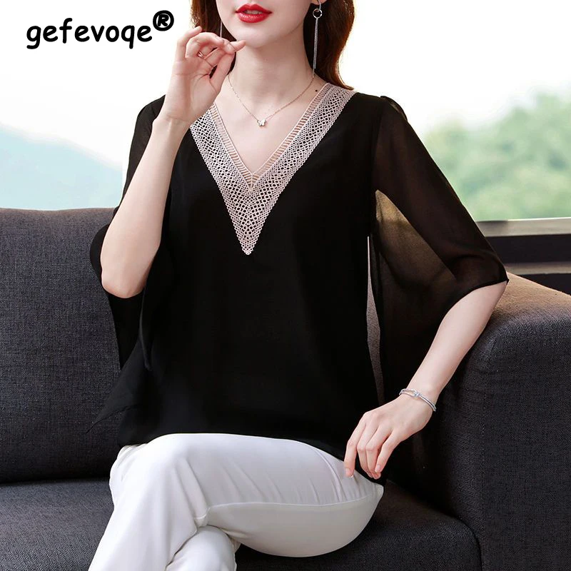 

Fashion Elegant Embroidery Sexy Hollow V-neck Chiffon Blouse Top Women 2023 Summer Solid Loose Irregular Half Sleeve Ladies Tops