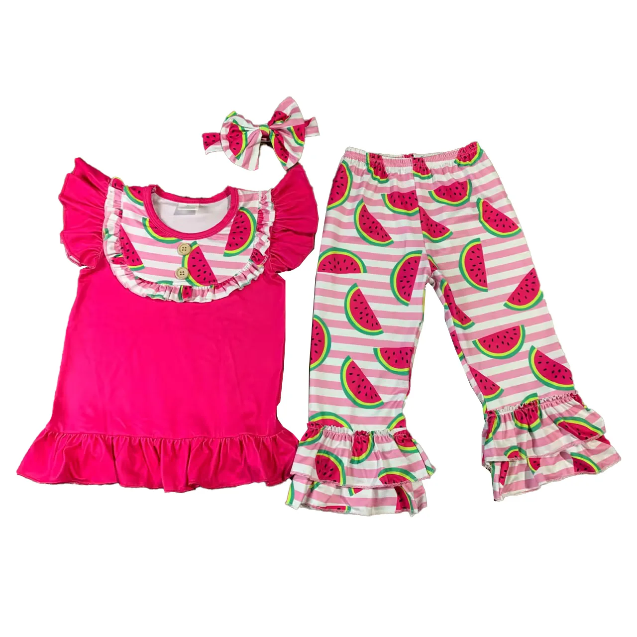 Watermelon Print Summer Girls Suit Flutter Sleeve Top Striped Pants Head Bow Boutique Children's Clothing Wholesale
Watermelon Print Summer Girls Suit Flutter Sleeve Top Striped Pants Head Bow Boutique Children's Clothing Wholesale
