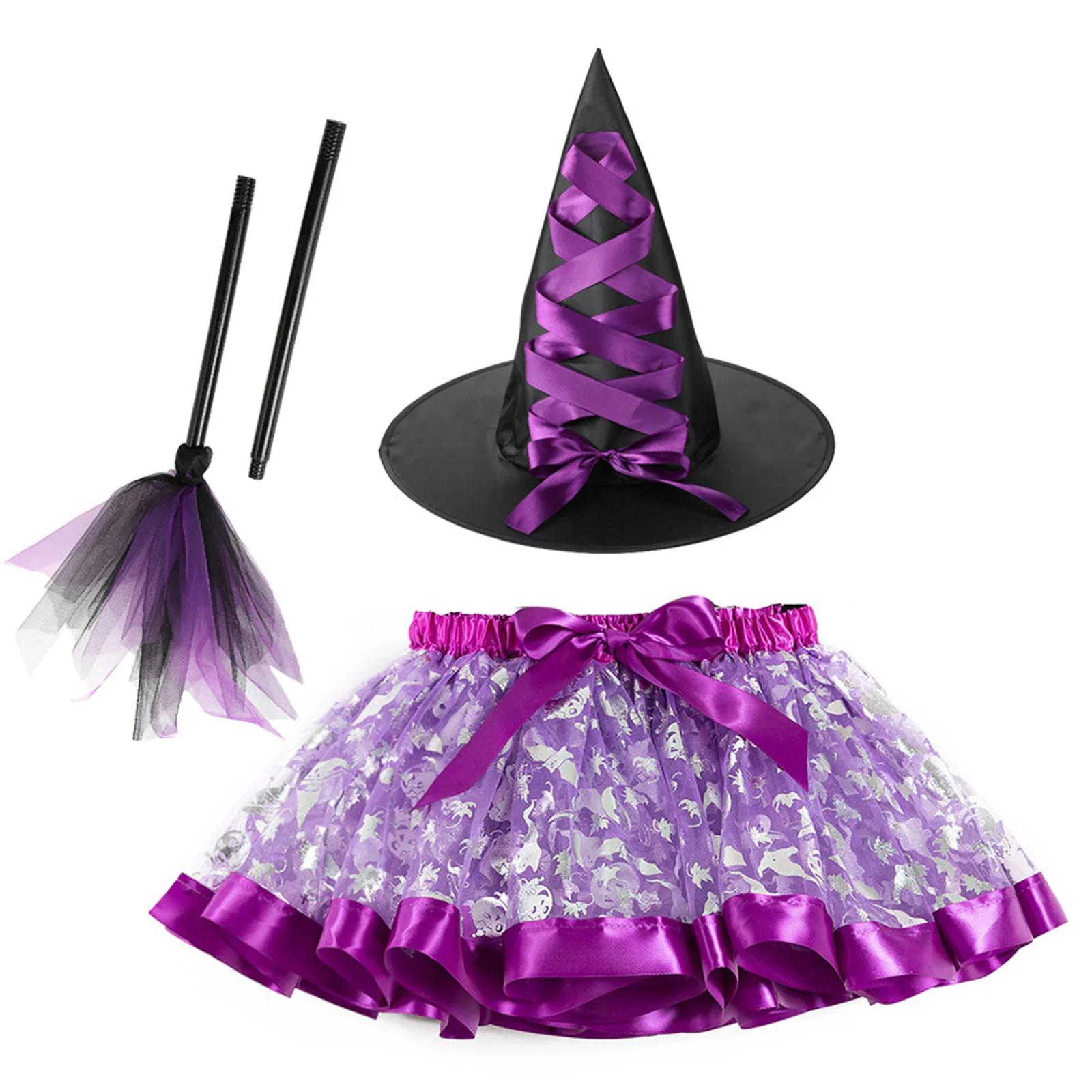 

Children Girls Halloween Witch Cosplay Costume Print Mesh Tutu Skirt with Hat Broom Theme Party Carnival Sorceress Roleplay Prop