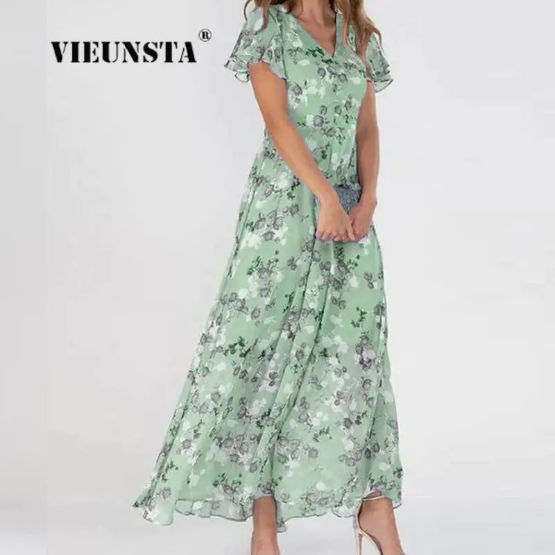 Women Casual Short Sleeve Beach Dresses Elegant Ladies Flower Print Chiffon Long Dress Fashion Slimming V-Neck Maxi Party Dress
Women Casual Short Sleeve Beach Dresses Elegant Ladies Flower Print Chiffon Long Dress Fashion Slimming V-Neck Maxi Party Dress