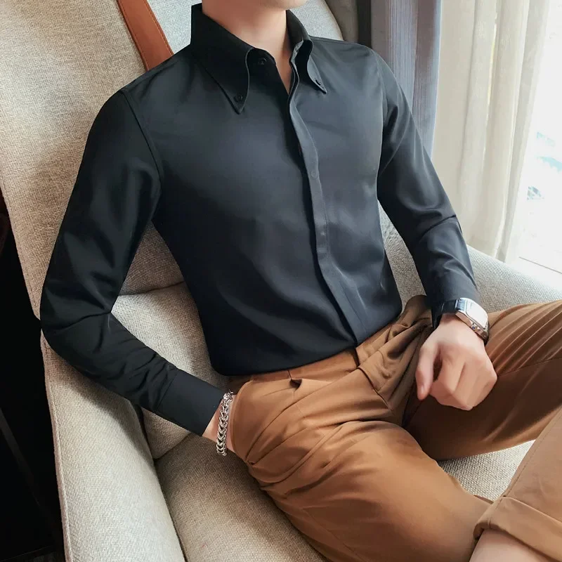 

Осень 2023, однотонная мужская приталенная деловая рубашка с длинным рукавом, мужской высококачественный деловой Повседневный смокинг для выпускного вечера