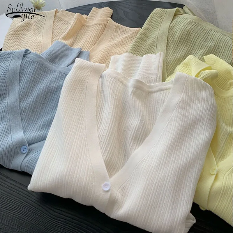 

V-neck Solid Color Thin Sweater Women's Spring and Summer Short Cardigan Coat Ice Silk Gentle Bottoming Sweater 22666