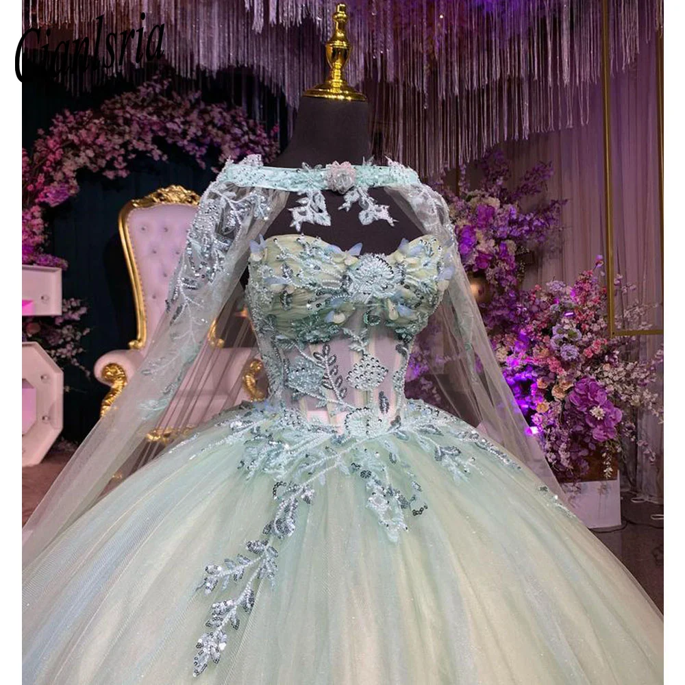 

Mint Green Sequined Beading Ball Gown Quinceanera Dresses With Cape Illusion Appliques Lace Corset Vestidos De 15 Quinceanera