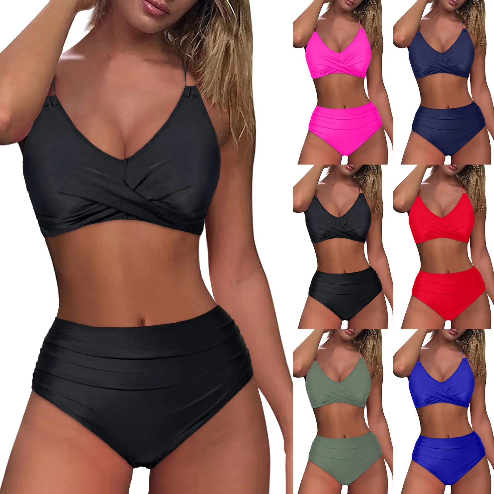 

Solid Color Womens High Waisted Bikini Push Up Vintage Swimsuits Halter Top Tummy Control Ruched Bottom Two Piece Bathing Suits