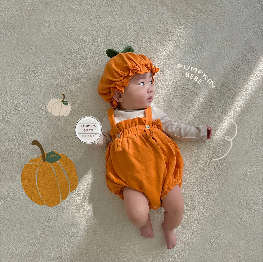 

2023 Ins Autumn Baby Girls Rompers Halloween Pumpkin Cotton sleeveless Infant Girl Jumpsuit Hat Strappy Newborn Girl Bodysuit