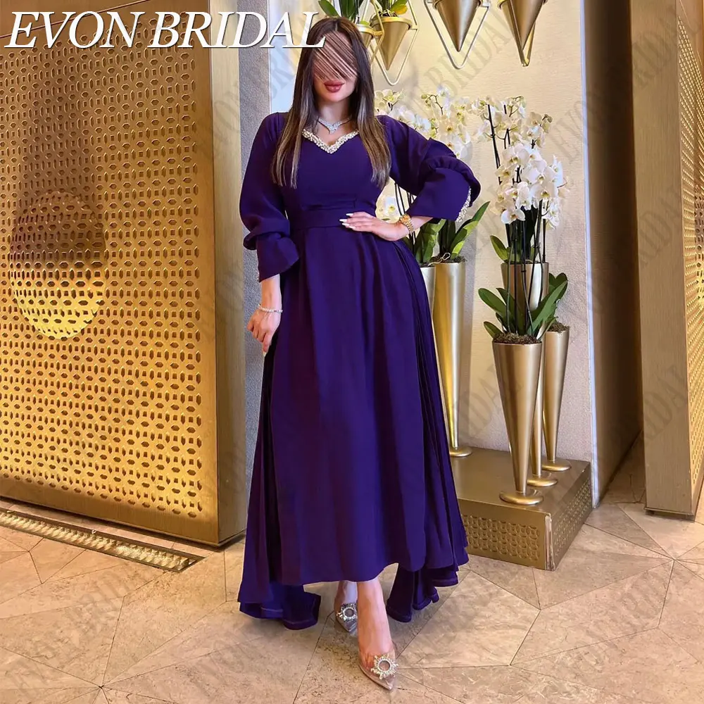 

EVON BRIDAL V-Neck Full Sleeves Prom Dress Sequined Evening Gowns Royal Blue Satin Custom Made vestidos para eventos especiales