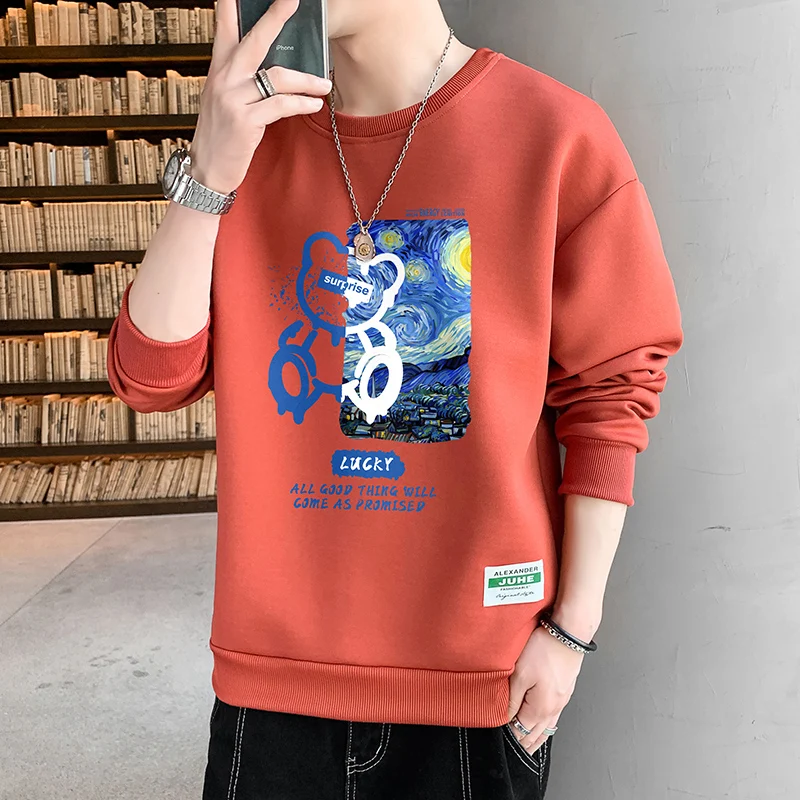 

Spring Autumn Standard New Fashion Loose Versatile Round Neck Hoodies Men's Casual Printed Geometric Long Sleeved Pullover Tops