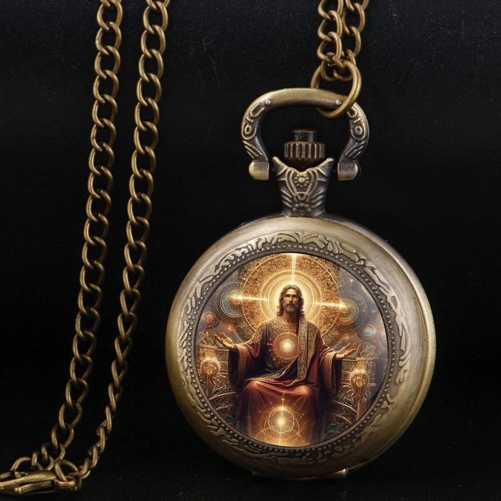 

Mysterious Jesus God Bronze Vintage Quartz Pocket Watch Women Men Necklace Unique Pendant Clock Watch Gift Accessories