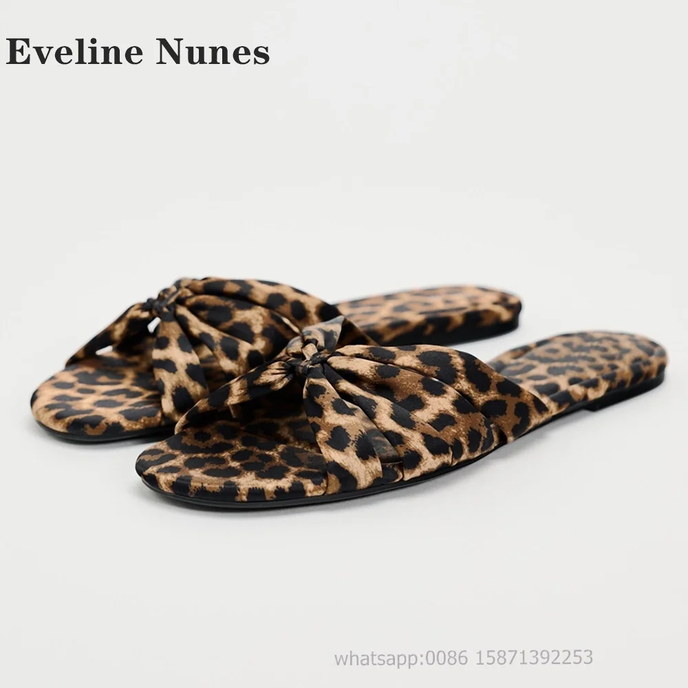

Bowknot Leopard Pleated Shallow Slides Open Toe Flat with Side Air Slip On Women Sandals Sexy Casual Slippers 2024 Trend Summer