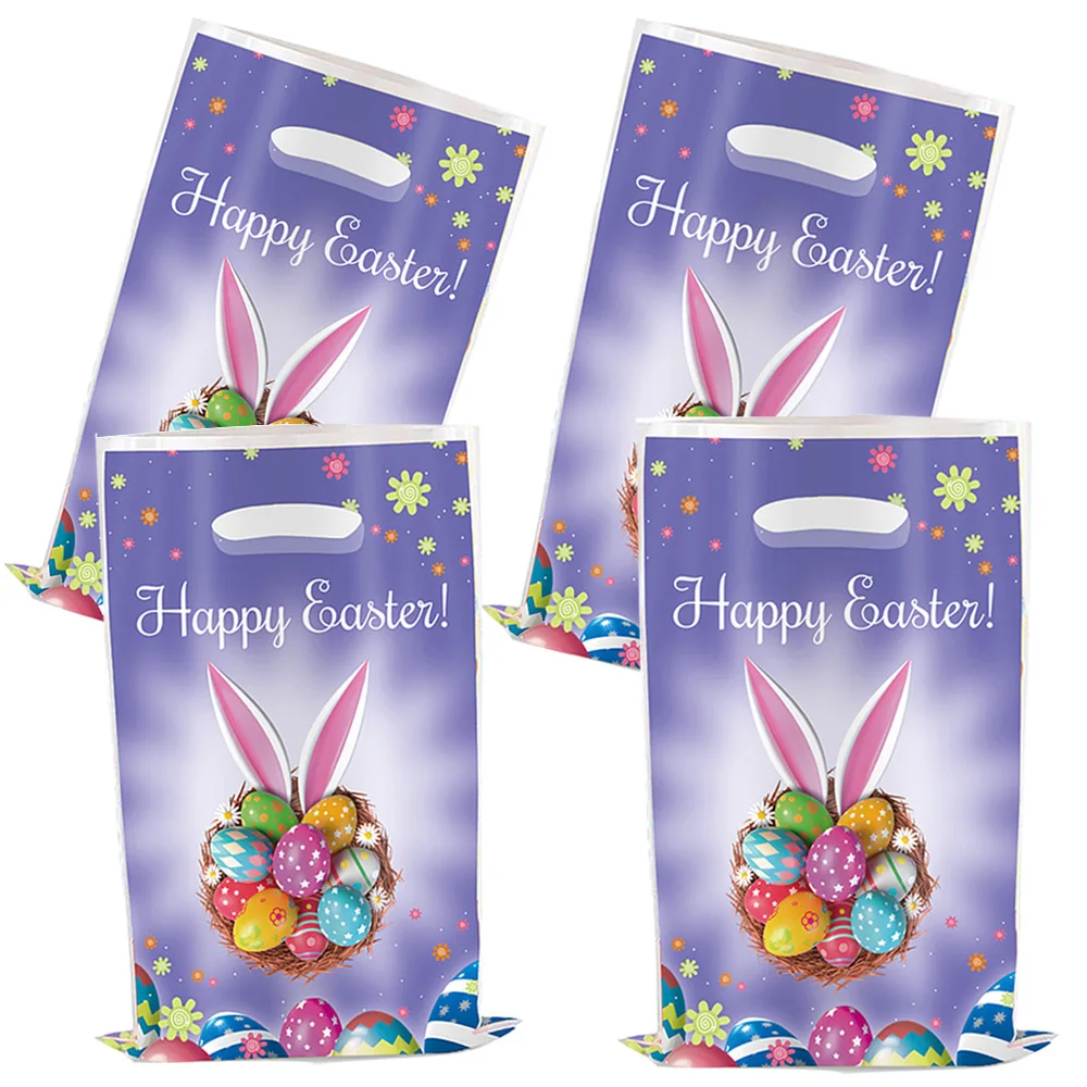 

60 Pcs 2024 Happy Easter Rabbit Bunny Reusable Snack Treat Goody Candy BagGift Bags with handles Plastic Candy Bag Purple