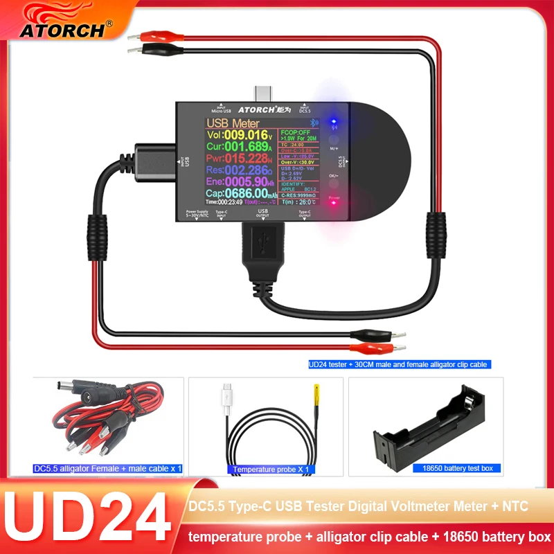 

UD24 DC5.5 Type-C USB Tester Digital Voltmeter Meter + NTC temperature probe + alligator clip cable + 18650 battery box