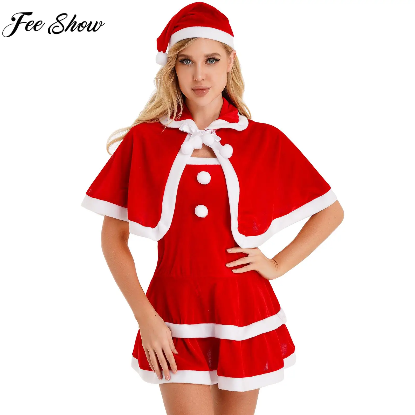 

Women Christmas Outfits Strapless Dress with Hat Lace-up Cape Set Xmas Theme Party Santa Claus Stage Performance Cosplay Costume